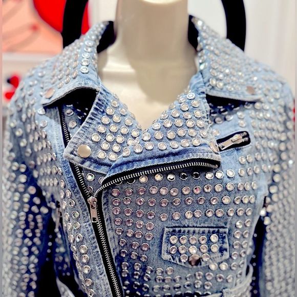 - AZALEA WANG GAZETTE 3000 STUDS MOTO JACKET IN DENIM NWT MULTIPLE - Picture 3 of 11